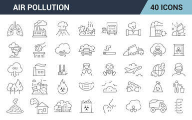 Air Pollution Line Editable  icon set. Including CO2, Ozone, Particulate Matter, Industrial Emissions, Waste, and More. vector illustration. 