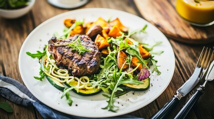 Grilled Steak with Roasted Vegetables and Zucchini Noodles: A Healthy and Flavorful Meal