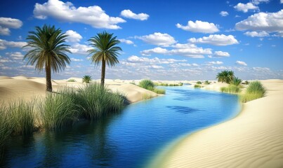 Obraz premium Serene desert oasis with palm trees and a winding river under a bright blue sky
