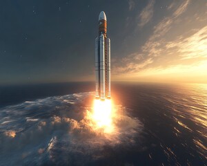 Fototapeta premium Rocket Launch Sunrise Over Ocean Clouds