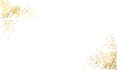 Gold glitter. Golden sparkle splatter border. Shiny glittering dust. Gold Foil Frame. Pieces flakes of gold foil on transparent background. Wedding invitation template.