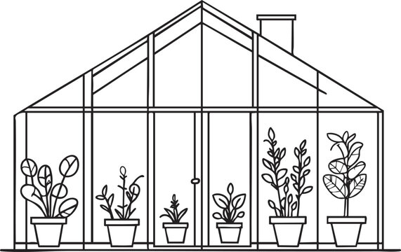 recommend clip art: Line drawing of a greenhouse with potted plants inside.