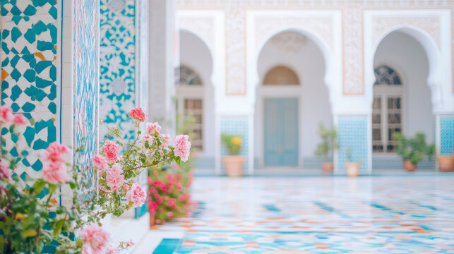 An Oasis of Serenity: Courtyard Scene with Blooming Flowers and Intricate Mosaic Tiles