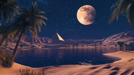 Egyptian desert landscape with oasis at night under moonlight. Cartoon vector dark midnight landscape with lake and palm trees on skyline with pyramids in sand. Summer african scene in twilight.