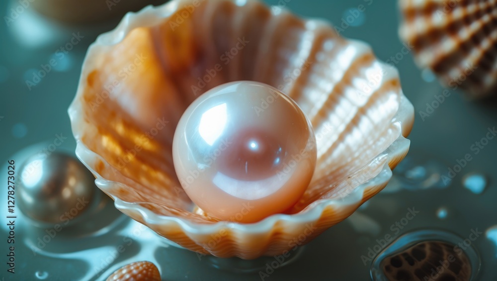 Poster organic pearl nestled in a seashell with soft water reflections and ample blank space for text, perf
