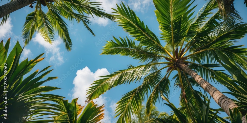 Poster tropical palm tree leaves against a blue sky creating a serene nature background with space for text