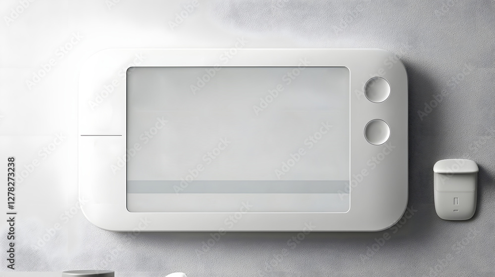 Poster wall mounted touchscreen panel controlling smart home devices with minimalist clean interface design