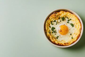 Baked egg in a ramekin with parsley decoration