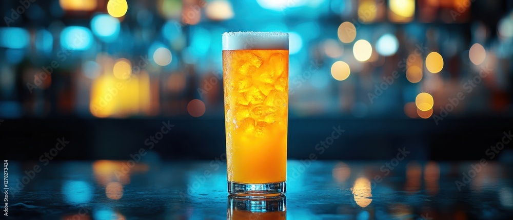 Poster refreshing cold drink with ice cubes on a bar counter under blue and orange bokeh lights in a vibran