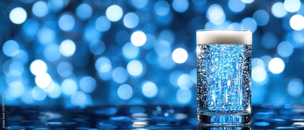 Poster Refreshing glass of sparkling water with effervescent bubbles against a luminous blue bokeh background creating a serene and inviting visual