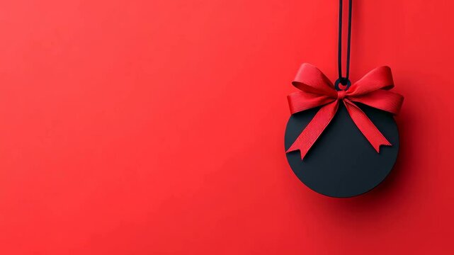 Black ornament with a red bow is hanging from a red background. The red background and the black ornament create a festive and joyful mood, perfect for the holiday season