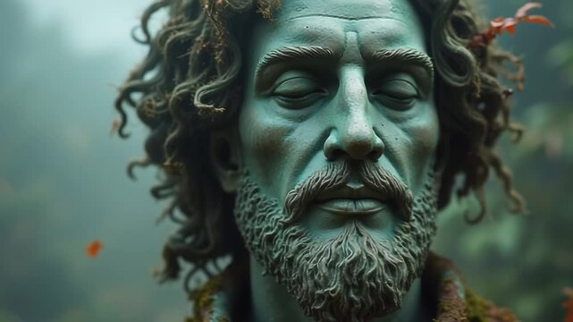 Sculpture of a man's face, the statue appears to be made of bronze and is weathered