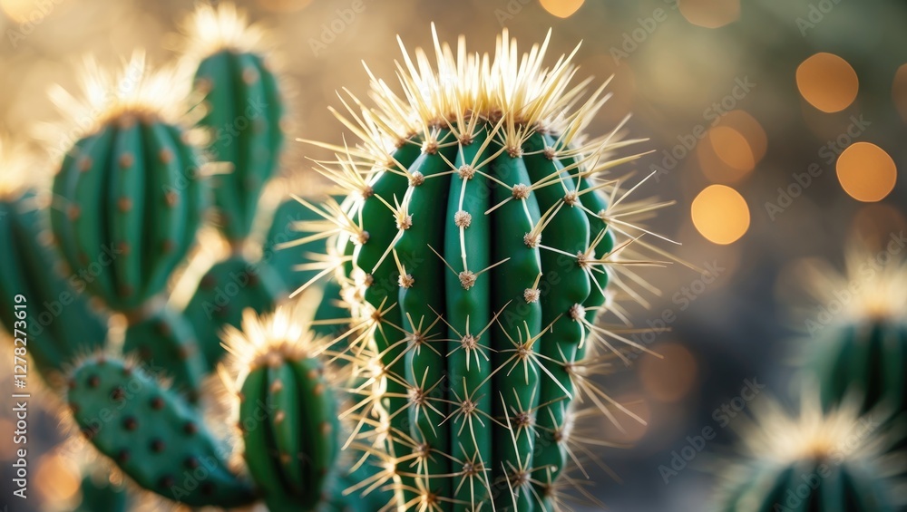 Poster close-up of a vibrant prickly cactus with soft focus background highlighting its spines and texture 