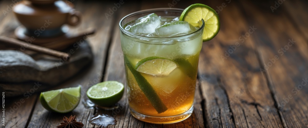 Poster refreshing iced lime tea with ice cubes and fresh lime slices on rustic wooden table setting.