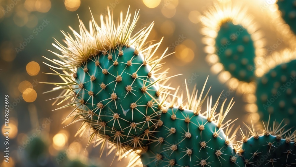 Poster macro shot of a cactus with prickly spines and soft background bokeh highlighting natural beauty and