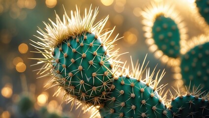 Obraz premium Macro Shot of a Cactus with Prickly Spines and Soft Background Bokeh Highlighting Natural Beauty and Texture in a Desert Landscape