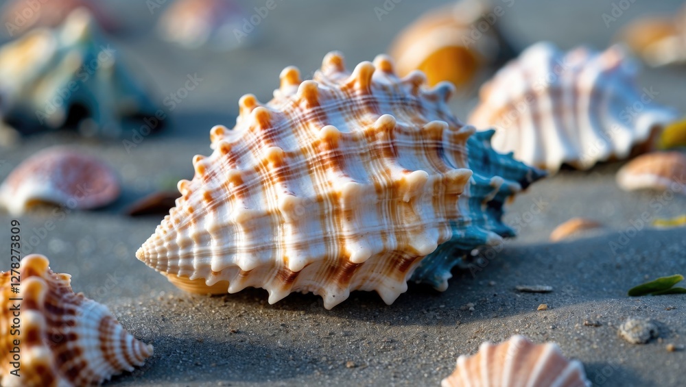 Poster colorful seashell on beach sand with selective focus and empty space for text or graphics