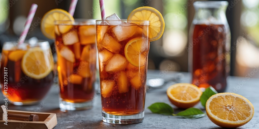 Poster refreshing iced tea with lemon slices and ice cubes served in glasses on a rustic table perfect for 