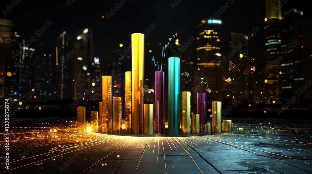Poster abstract digital financial data with glowing lines showing business growth and analysis on a dark ba