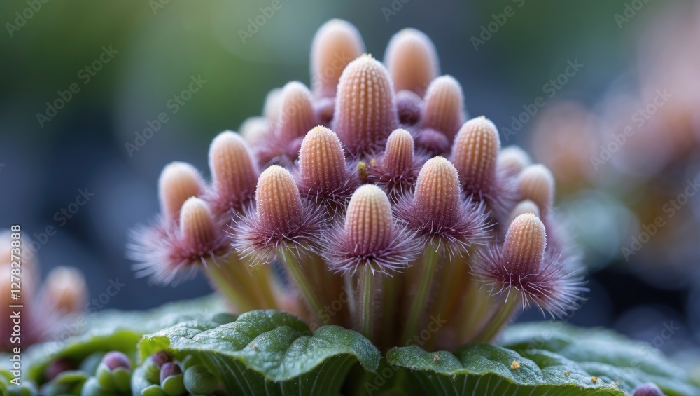 Poster Close-up View of Unique Gymnocalycium Cactus Clusters with Distinctive Hairy Spines and Green Foliage in Nature Setting