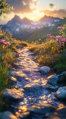Naklejka premium Hiking trail through mountains with glowing AR route guide, vibrant scenic backdrop, soft natural lighting, photorealistic