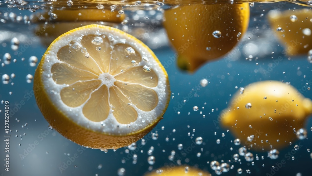 Poster close up of a lemon slice submerged in clear water with bubbles creating a refreshing underwater sce