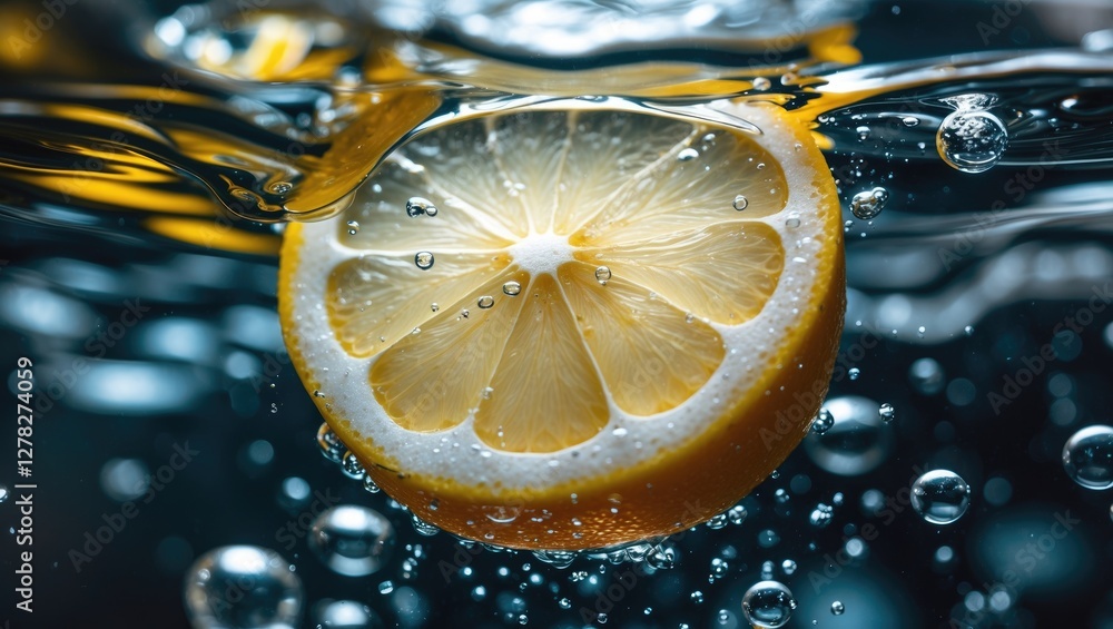 Poster lemon slice floating in water surrounded by air bubbles capturing freshness and refreshment in a vib