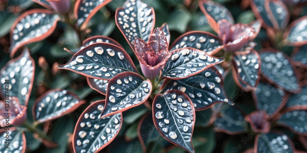 Poster close up of vibrant plant leaves with glistening droplets showcasing a unique pattern in a garden se