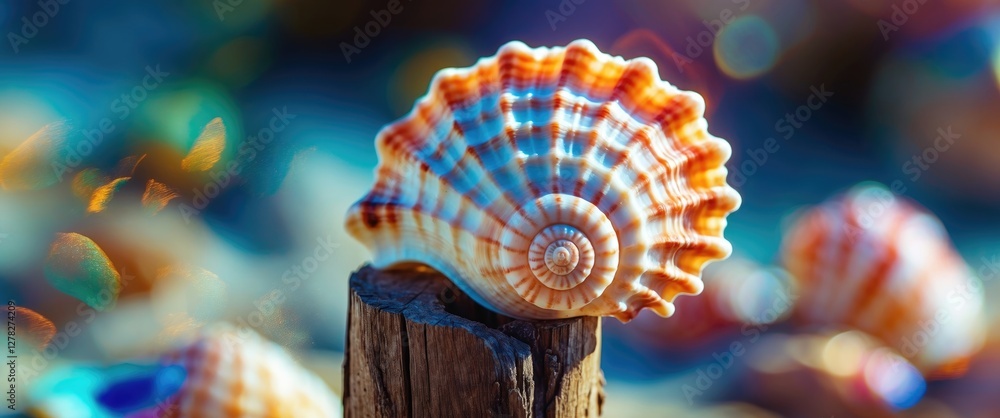 Poster seashell displayed on rustic wood with soft focus background of beach elements and colors