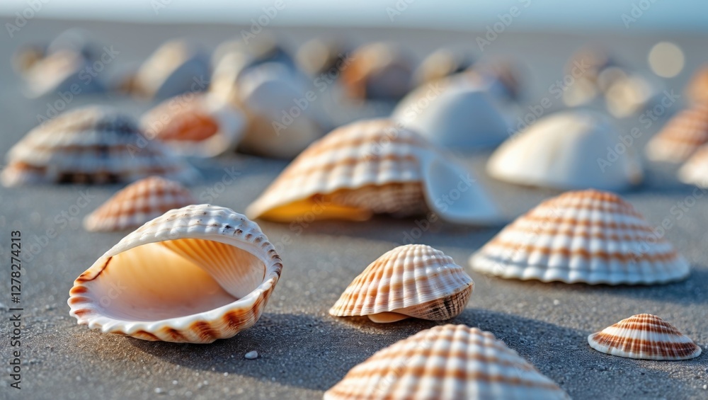 Aufkleber close up of colorful sea shells on sandy beach with blurred background and space for text or brandin