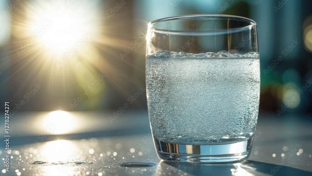 Poster crystal clear sparkling water in transparent glass with sunlight reflection and empty space for text