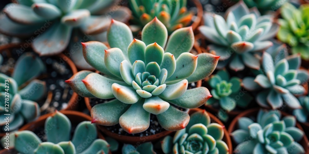 Aufkleber close up of vibrant succulent plants in pots with soft focus and empty space for creative text or de