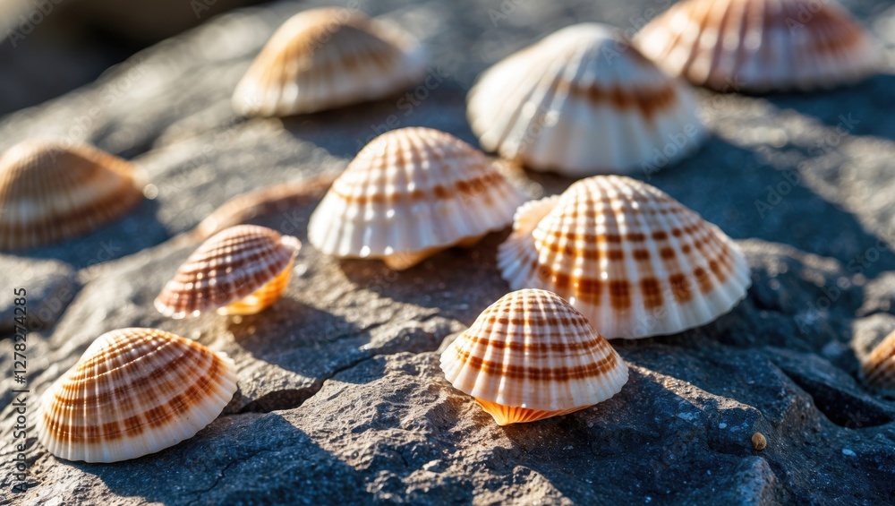 Poster close up of beautiful patterned seashells resting on textured rock surface in natural sunlit setting