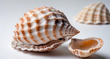 Detailed Close-Up of Beautiful Sea Shells on Smooth White Background Ideal for Coastal or Nature-Themed Designs and Projects