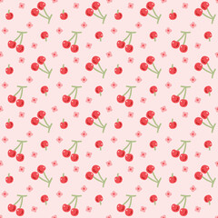 Delicious cherry vector seamless continuous pattern, wallpaper, background, home textile print, seamless pattern, hand drawn illustration.