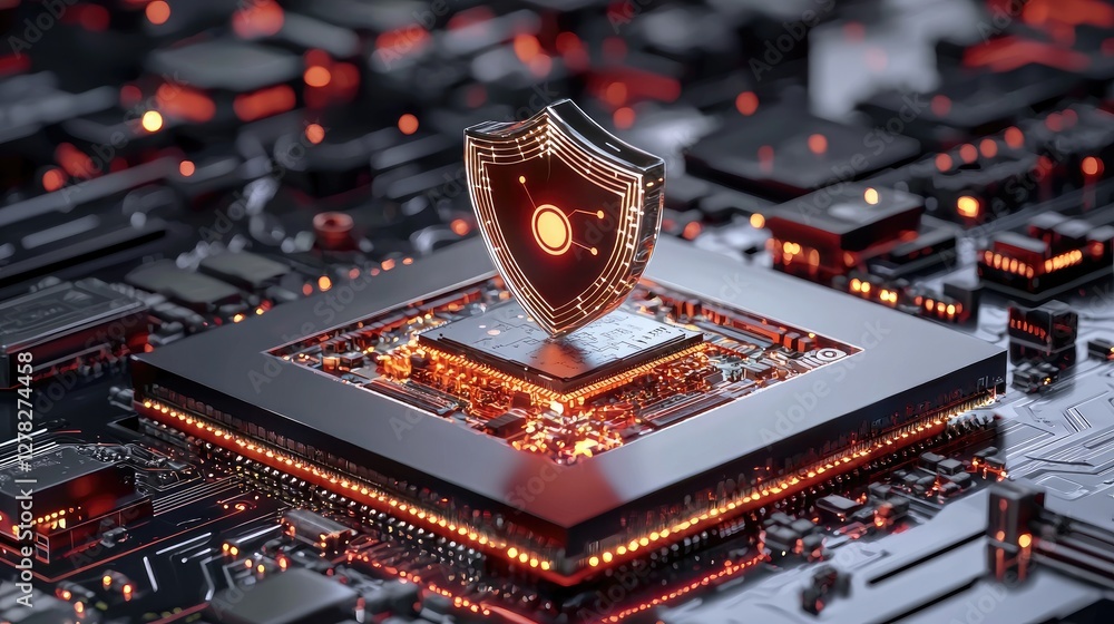 Poster advanced server with a digital shield over it, symbolizing next-gen data security and cybersecurity 