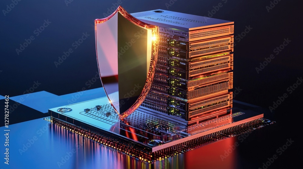 Poster advanced network security concept with a high-tech server stack and protective shield overlay.