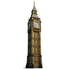 Big Ben clock tower in London, England. Isolated on transparent background, Cut out. PNG