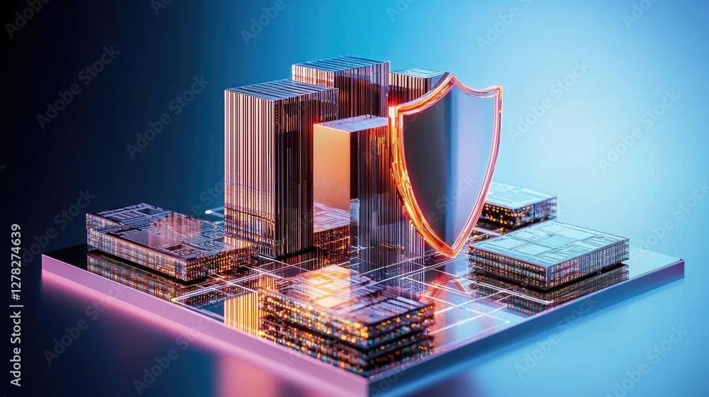 Poster an advanced data center with a neon security shield, symbolizing strong cybersecurity.