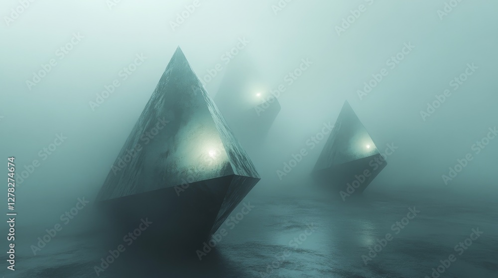 Poster futuristic abstract scene of triangular structures in atmospheric fog