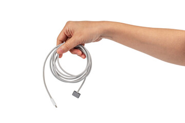 Hand and white cable USB Type-C isolated on transparent background 