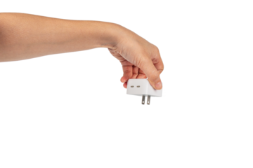 Hand and USB cables adapter, USB type A C universal plug cable, mobile phone accessory charger on transparent background.