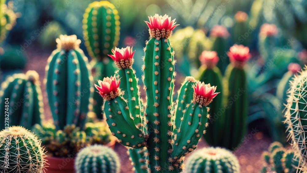 Poster vibrant close up of flowering cactus with soft focus background and space for text or branding in ga