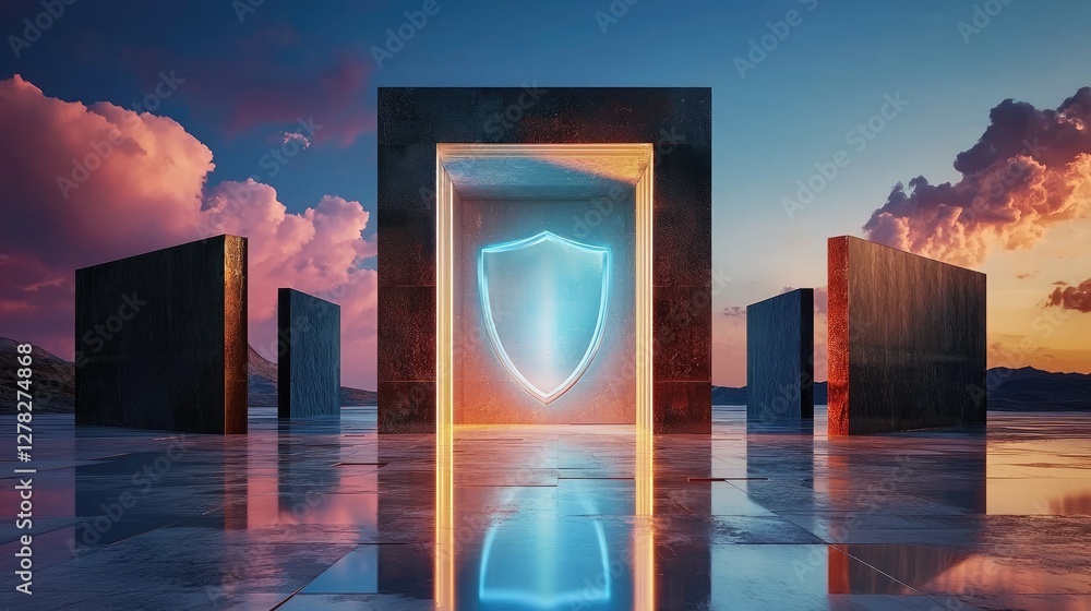 Aufkleber an advanced data center with a neon security shield, symbolizing strong cybersecurity.