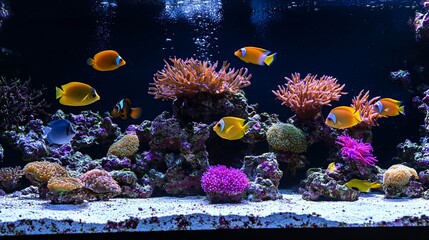 Vibrant reef aquarium with diverse fish and corals.