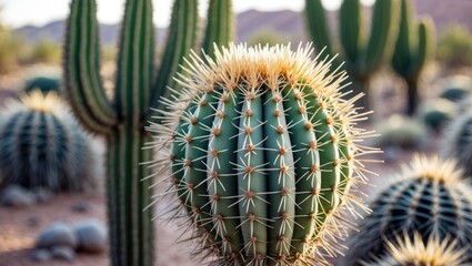 Spiky Cactus Surrounded By Desert Landscape Featuring Diverse Cactus Species Against A Background Of Arid Mountains And Blue Sky