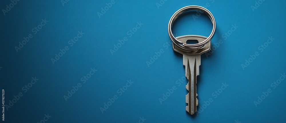 Poster silver key with key ring on a blue textured background emphasizing security and new beginnings with 