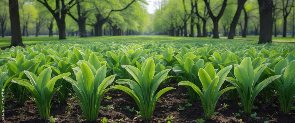Poster lush spring green leaves in a park with empty space for copy and text ideal for nature themes and se