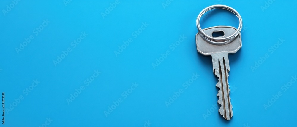 Poster silver key on vibrant blue background symbolizing security access and new beginnings with copy space