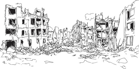 Obraz premium Illustration of war-torn urban ruins with collapsed buildings and debris.